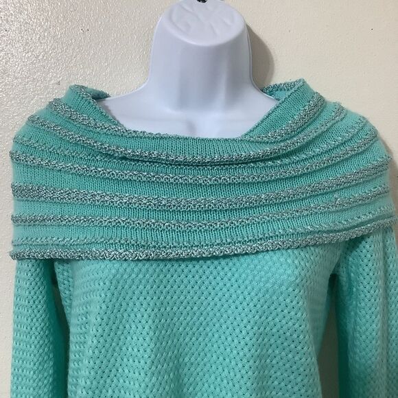 Teal Retro Wintercore Cabincore Holiday Feminine Winter Sparkly Knit Sweater XS - Picture 2 of 16